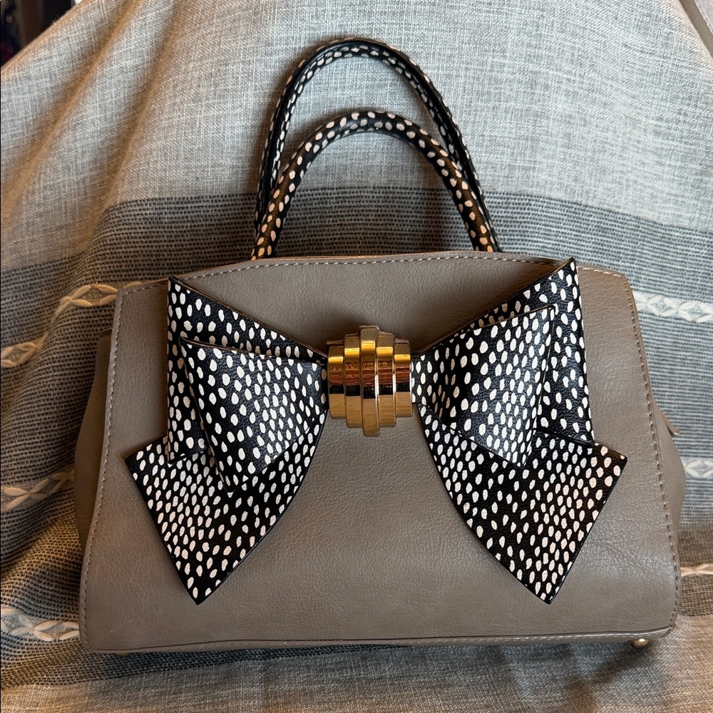 Betsey Johnson Taupe Satchel with Black and White Bow